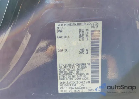 2013 Nissan Altima 2.5 Sl z USA, uszkodzony, nr VIN 1N4AL3AP2DC204298